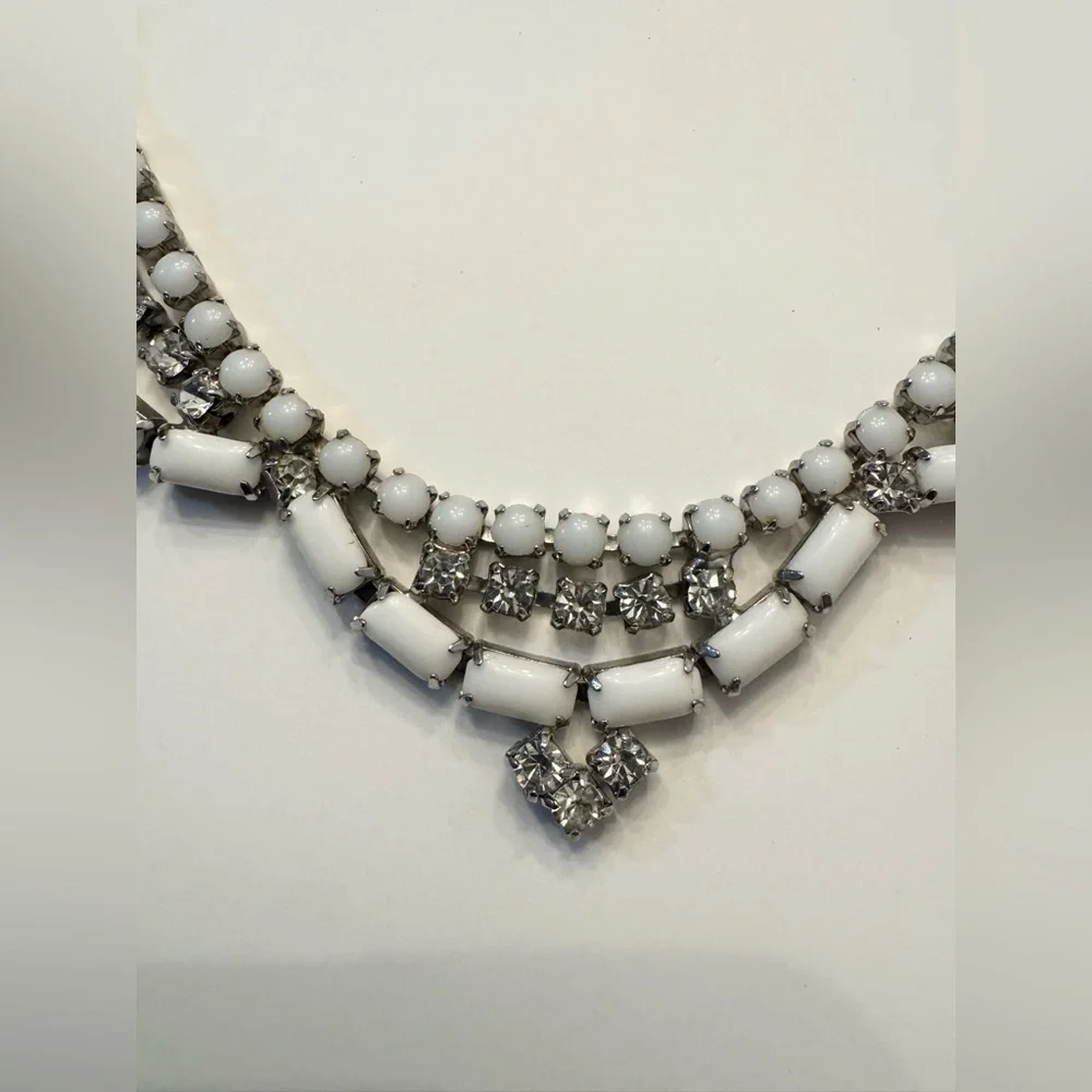 Vintage Milk Glass Rhinestone Bib Necklace Mid Century - Bridal, Formal, Prom